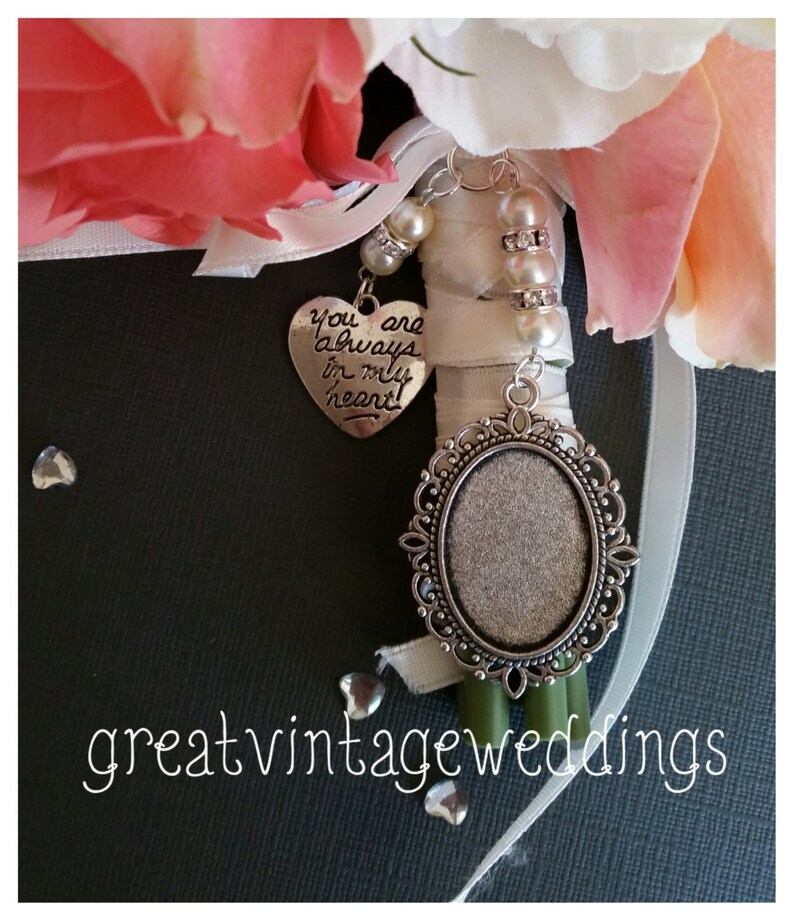 Beautiful Wedding Bouquet Photo Charm Photo Frame Silver Pendant Locket and Heart Charm glass cover & Gift Bag image 2