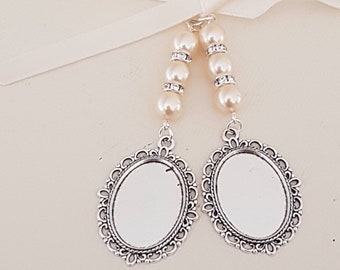 Bridal Bouquet Memorial Charm, Wedding Photo Locket,  Double Oval Pendant, Ivory Pearl Beads,