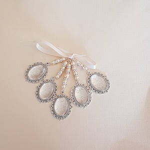 Dije de ramo de novia, dije conmemorativo, dije con foto, medallón de recuerdo nupcial, dije de plata ovalado quíntuple, cubiertas de vidrio transparente, bolsa de organza