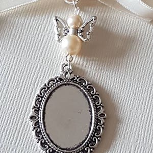 Wedding Bouquet Photo Charm Bridal Silver Memory Oval Photo Frame Locket Pendant Charm and angel with 2 ivory pearls &  Organza Gift Bag