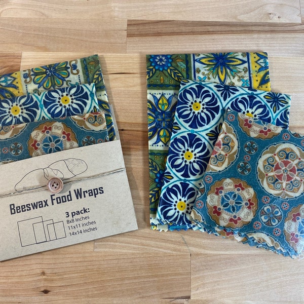 3 PACK Beeswax Food Wraps, Natural Organic Beeswax Wraps, Eco-Friendly Sustainable Reusable Food Storage, zero waste, plastic free lunch