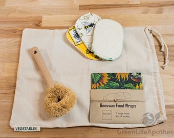 Eco Friendly kitchen set/kit/bundle, reusable food storage supplies, home essentials, bamboo cleaning products housewarming zero waste gifts