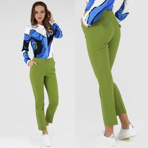 Green pants with high waist, Green pants, Cropped green pants