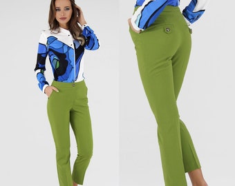 Green pants with high waist, Green pants, Cropped green pants