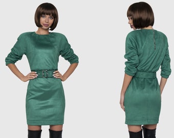 Emerald Green Faux Suede Midi Dress: V-neck Office Style - Etsy