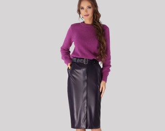 Leather pencil skirt, Violet leather skirt, Leather skirt, Violet skirt, Skirt with belt, Violet faux leather skirt