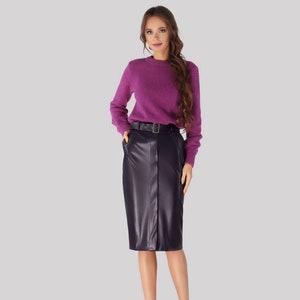 Leather pencil skirt, Violet leather skirt, Leather skirt, Violet skirt, Skirt with belt, Violet faux leather skirt