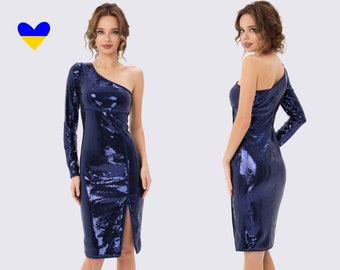 Vestido de mujer con lentejuelas, Vestido de noche con abertura, Vestido de noche azul marino, Vestido de noche azul con hombros descubiertos, Vestido de noche sexy