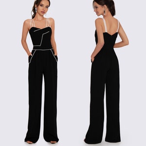 Women&#39;s summer jumpsuit, Black womens jumpsuit with wide Trousers, Black Overall with white piping, Black Overall with White Shoulder Straps