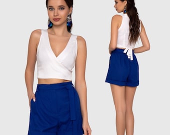 Women's Linen Shorts, Blue Linen Shorts, Linen Shorts With Belt, Blue Linen High Waist Shorts, Summer Blue Shorts, Summer Linen Shorts