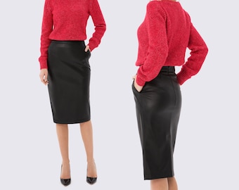 Women&#39;s leather skirt, Black Pencil Skirt, Black leather pencil skirt, Black skirt made of eco-leather, High waist black skirt