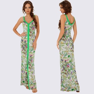 Boho summer maxi dress, Sundress maxi in green, Green print maxi dress, Summer maxi dress with neckline