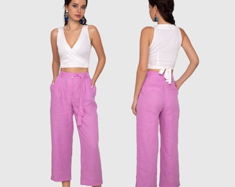 Pantalones de lino de mujer, pantalones de lino rosa, pantalones de lino recortados, pantalones de lino de verano, pantalones de lino con cintura alta, pantalones rosas con corte libre