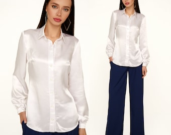 Vintage Women off White Satin Blouse Size M Ecru Satin Shirt Long