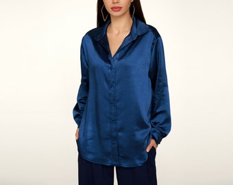 Women's Silk Shirt, Blue Navi Shirt, Blue Silky Shirt, Women's Oversized Shirt, Women's men's cut shirt, Women's blue blouse, Silky blouse