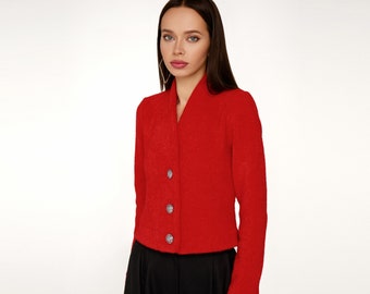 Blazer rouge femme, veste tricotée, blazer recadré rouge, veste boutonnée tricotée, blazer femme en rouge, veste rouge avec boutons