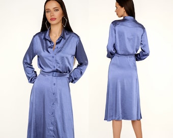 Lila overhemdjurk met riem, Paarse jurk met zijdeachtige glans, Violette jurk met mouwen, Casual overhemd, Lila midi-jurk voor dames