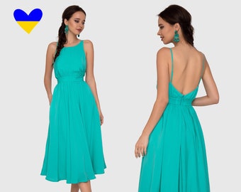 Bright aquamarine  summer dress with an open back, Summer dress with fluffy skirt, Open back dress, Women's cocktail dress, Green Midi Dress