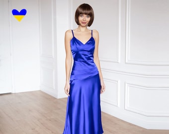 Womens Blue Cocktail Dress, Blue Satin Midi Dress, Evening Blue Silk Dress, Royal Blue Special Occasion Dress