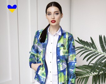 Women's Windbreaker in bright print, Blue Autumn Bomber Jacket, Women's Blue Bomber Jacket, Multicolor Geometric Bomber Jacket