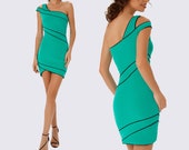 Green asymmetrical mini dress, Dress bright green mini, One Shoulder Green Dress, Green Tight Sexy Dress