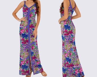 Floral print maxi dress, Sundress maxi in purple, Floral Maxi Dress with Neckline, Boho violet print maxi dress