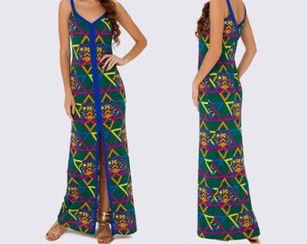 Women summer maxi dress, Maxi sundress with straps, Summer maxi dress with graphic print, Maxi dress with neckline, Maxi dress in boho style