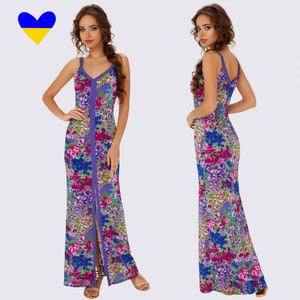 Boho Maxi Dress, Floral Print Dress, Purple Neckline Dress, Slit Dress, Women&#39;s Summer Dress, Summer Maxi Sundress