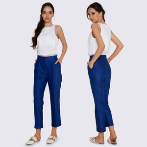 Women&#39;s Blue Trousers, Cropped Blue Pants, Blue Loose Pants, Blue Pants with High Waist, Blue Trousers with free cut, Summer blue pants