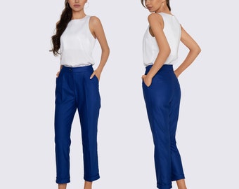 Women's Blue Trousers, Cropped Blue Pants, Blue Loose Pants, Blue Pants with High Waist, Blue Trousers with free cut, Summer blue pants