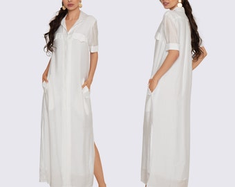 White Summer Maxi Dress, White casual shirt dress, Summer white maxi dress, White casual dress with pockets