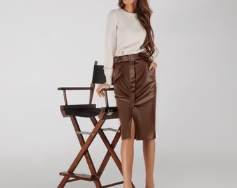 Brown leather skirt, Brown faux leather skirt, Leather skirt, Brown skirt, Leather pencil skirt