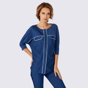Women&#39;s navy blouse, Women&#39;s loose fit blouse, Navy Batwing Blouse, Navy Blue Blouse with White Piping, Blue 3/4 Sleeve Women&#39;s Blouse