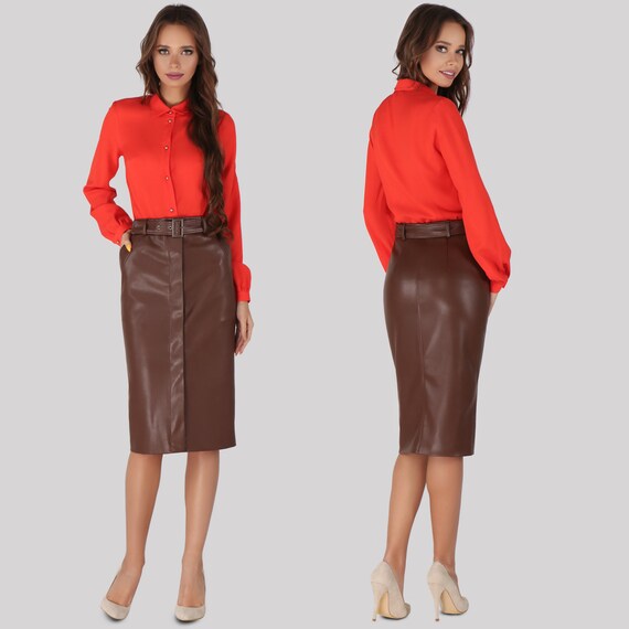 Brown Leather Skirt, Brown Faux Leather Skirt, Leather Skirt
