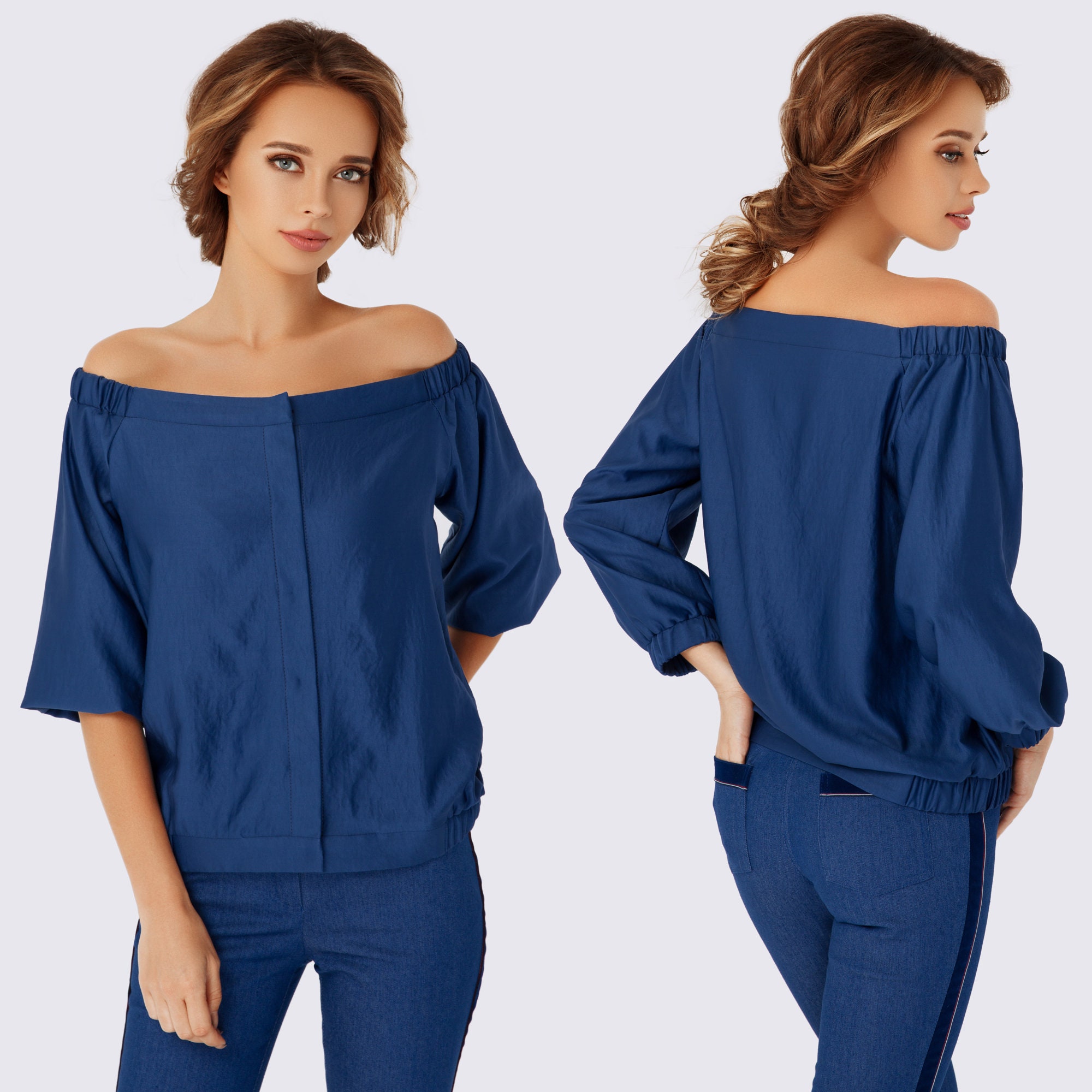 Blusa azul hombros descubiertos new arrivals