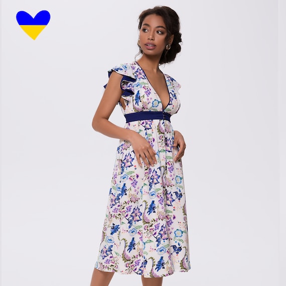 Women's Midi Dress in Floral Print, White Dress With Blue Flowers, Summer  Dress With Flounces, Women's Dress With a Deep Neckline - Etsy