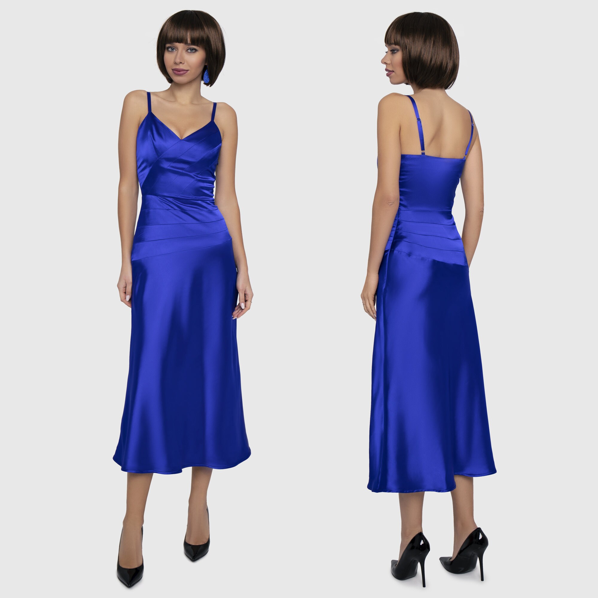 Womens Blue Cocktail Dress Blue Satin Midi Dress Evening Etsy