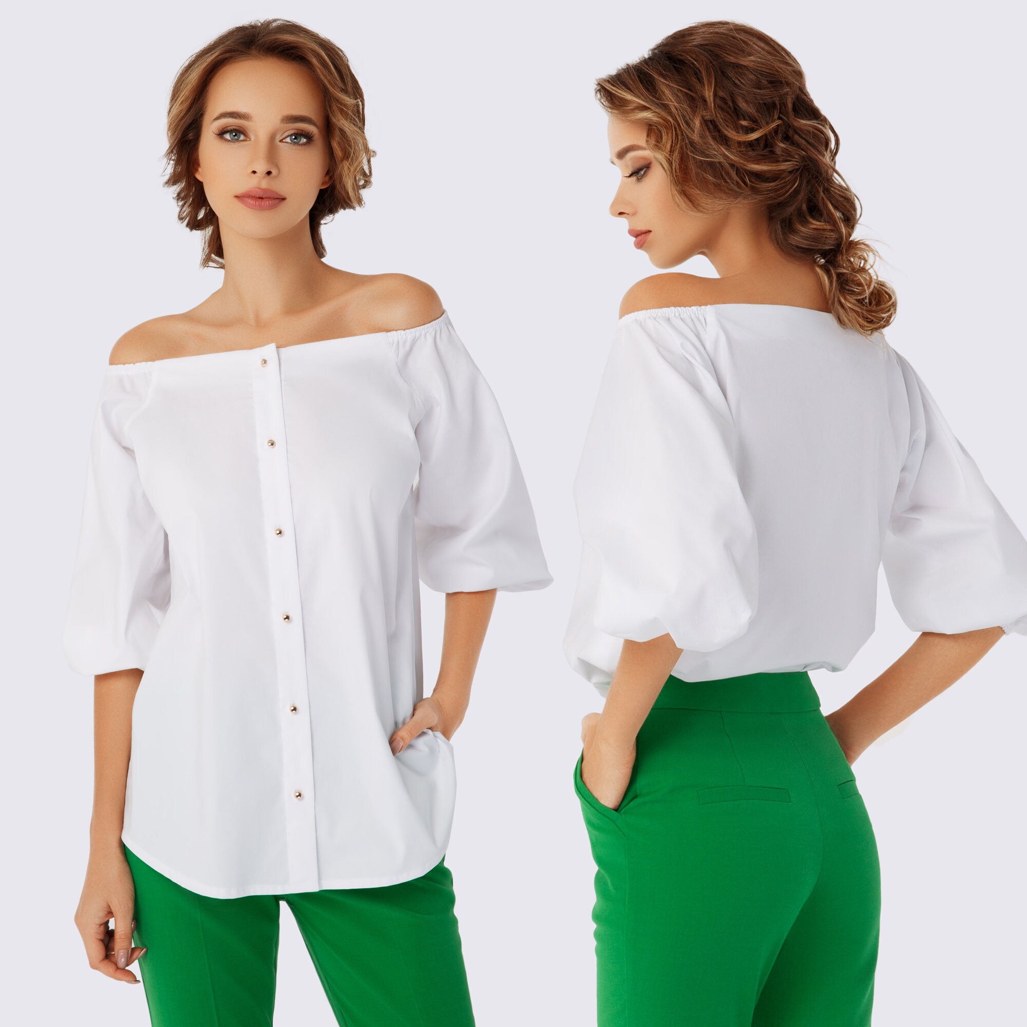 white shoulderless blouse