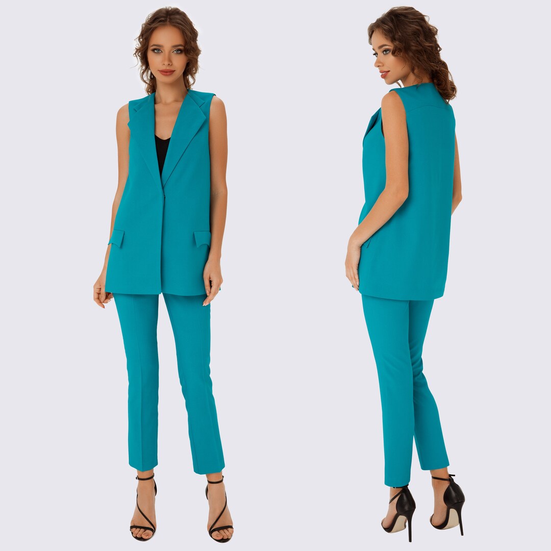 Women's Pantsuit in Emerald Color, Women's Pantsuit With Vest, Women's