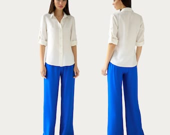 Women&#39;s White Natural Shirt, White viscose slim fit shirt, beautiful white women&#39;s blouse, button-down collar shirt