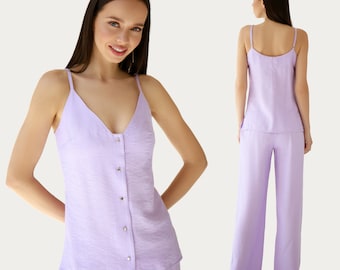 Women's lilac V-neck top with metallic buttons, Summer lilac top with straps, Women's light top in lingerie style, Summer top for women
