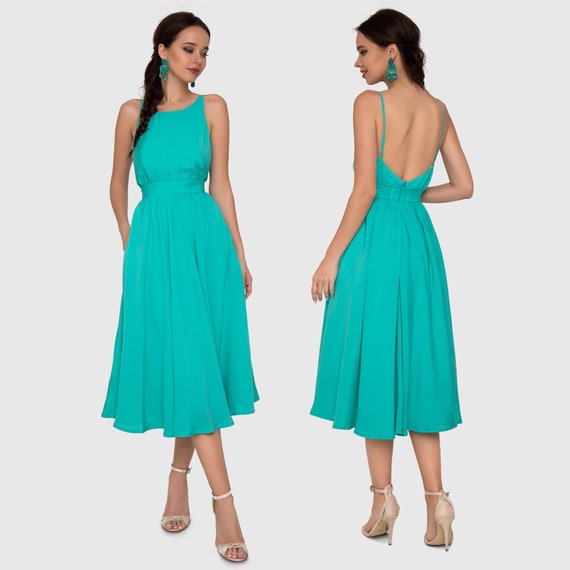 Women's Bright Green Dress With a Midi Skirt, Summer Emerald Dress With an Open Back, Bright Green Dress With a Full Skirt