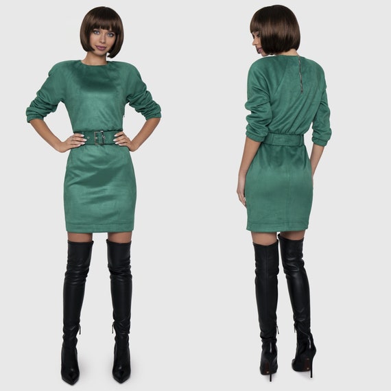 slim fit dress slacks Carella Bottle Green Velvet Twisted Asymmetric Midi Dress – Club L London main image 1