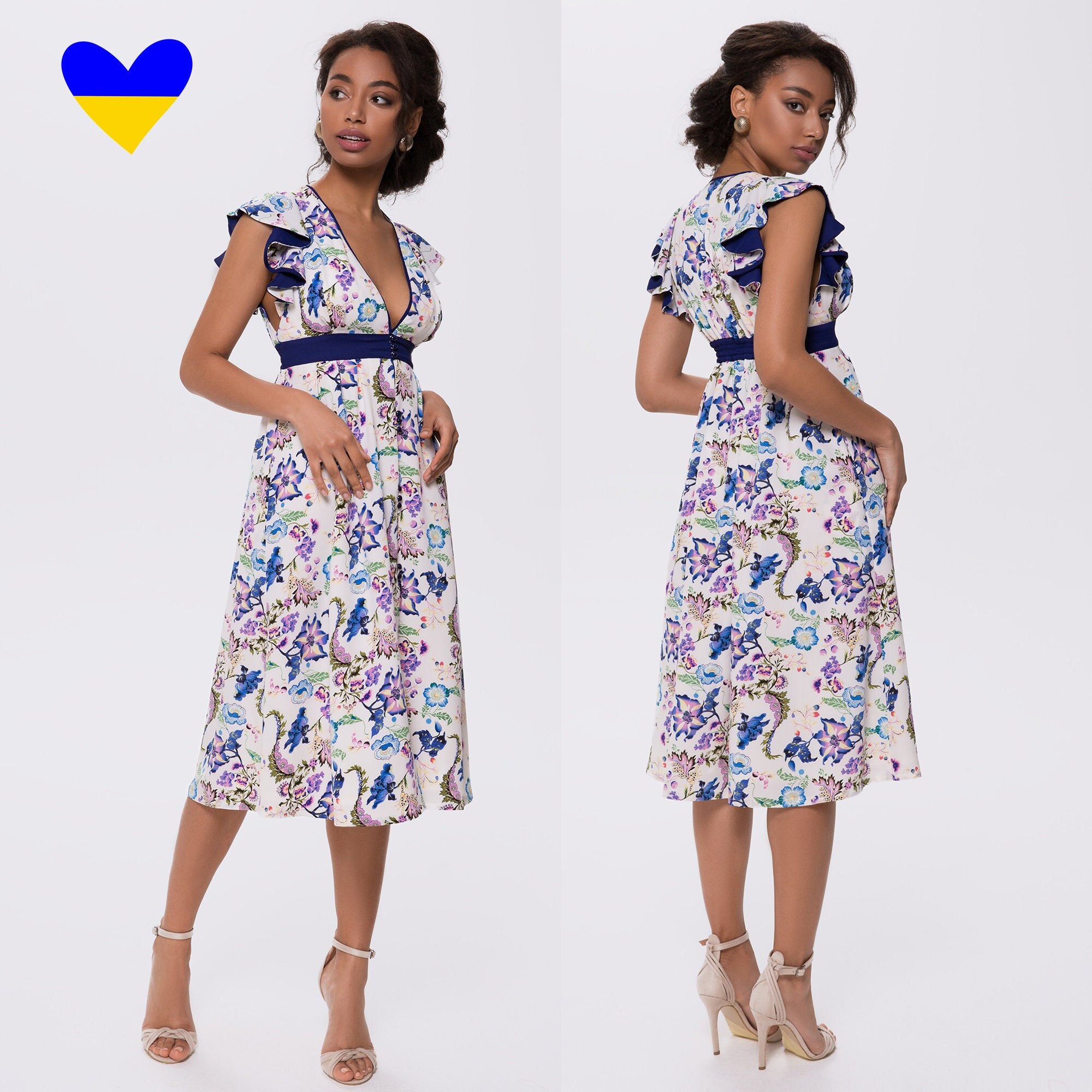 Women s midi dress in floral print White dress with blue flowers Summer dress with flounces Women s dress with a deep neckline