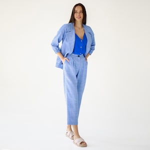Blue Linen Pants, Lightweight Summer Trousers, Casual Women&#39;s Linen Pants, Natural trousers with pockets