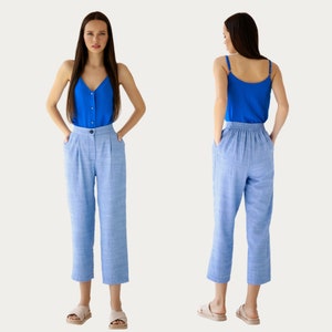 Blue Linen Pants, Lightweight Summer Trousers, Casual Women&#39;s Linen Pants, Natural trousers with pockets