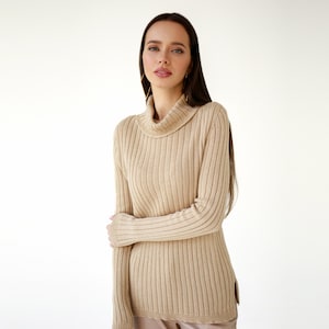 Women&#39;s Beige Knitted Pant Suit, Beige Knitted Pullover And Pants Set, Warm Knitted Suit for Women in Beige, Natural Cotton Knitted Suit