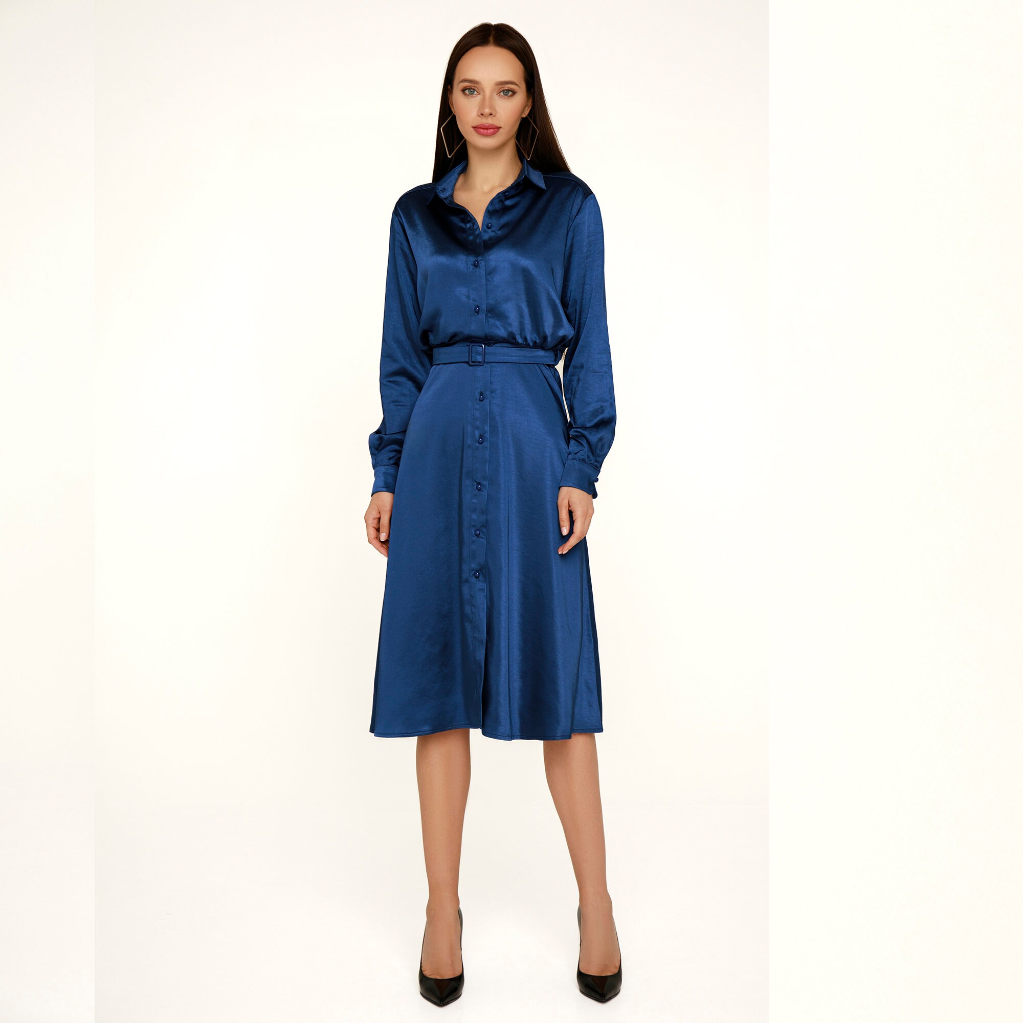 navy blue silk shirt dress Quince Women's Washable Stretch Silk Maxi Shirt Dress, Navy, Size XS