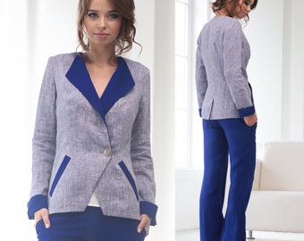 Damen-Leinenjacke, Blauer Leinen-Blazer, Blaue Leinenjacke, Blazer aus natürlichem Stoff, Sommerjacke für Frauen, Sommerjacke