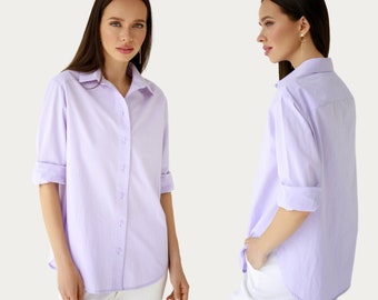 Lilac cotton shirt, Women&#39;s Lilac straight Blouse, Women&#39;s Shirt in Lilac color, Natural summer shirt